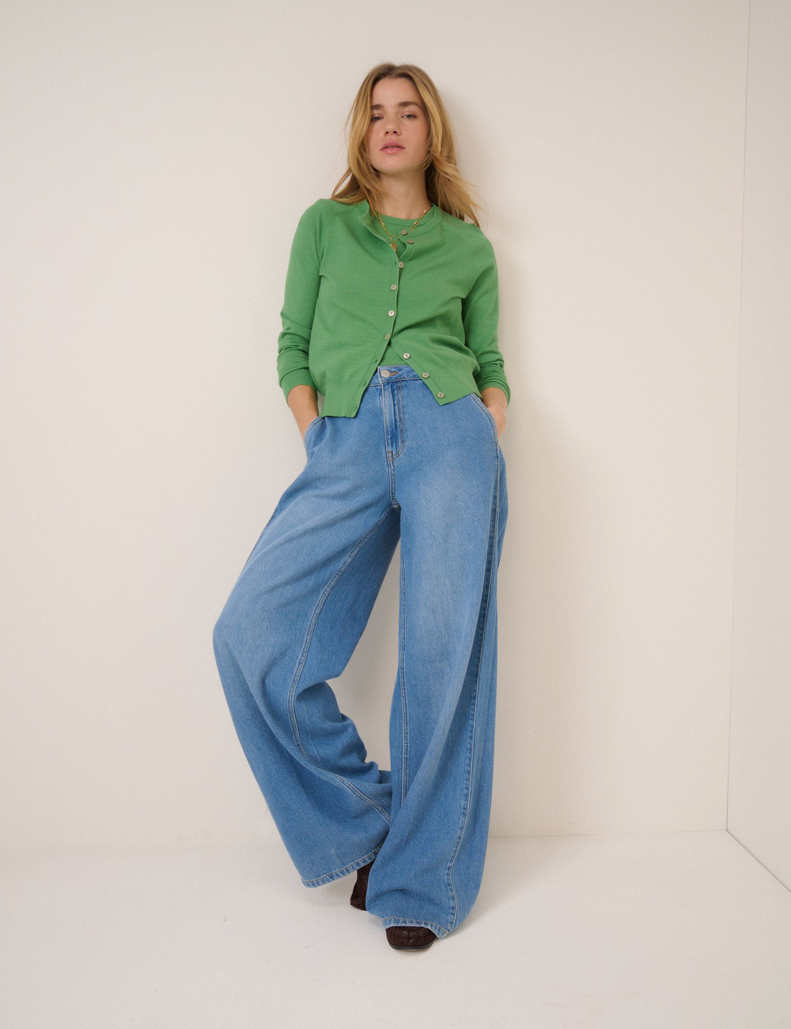 Green Crew Neck Cardigan