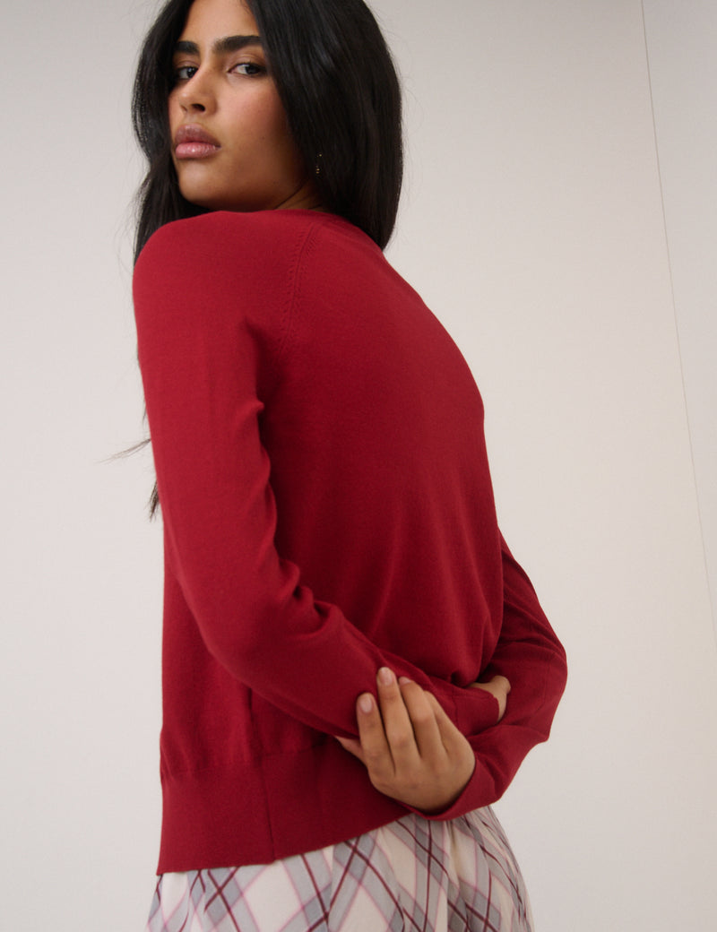 Red Crew Neck Cardigan
