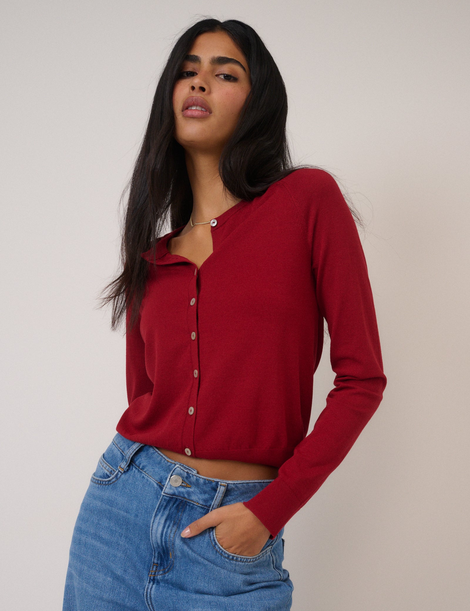 Red Crew Neck Cardigan