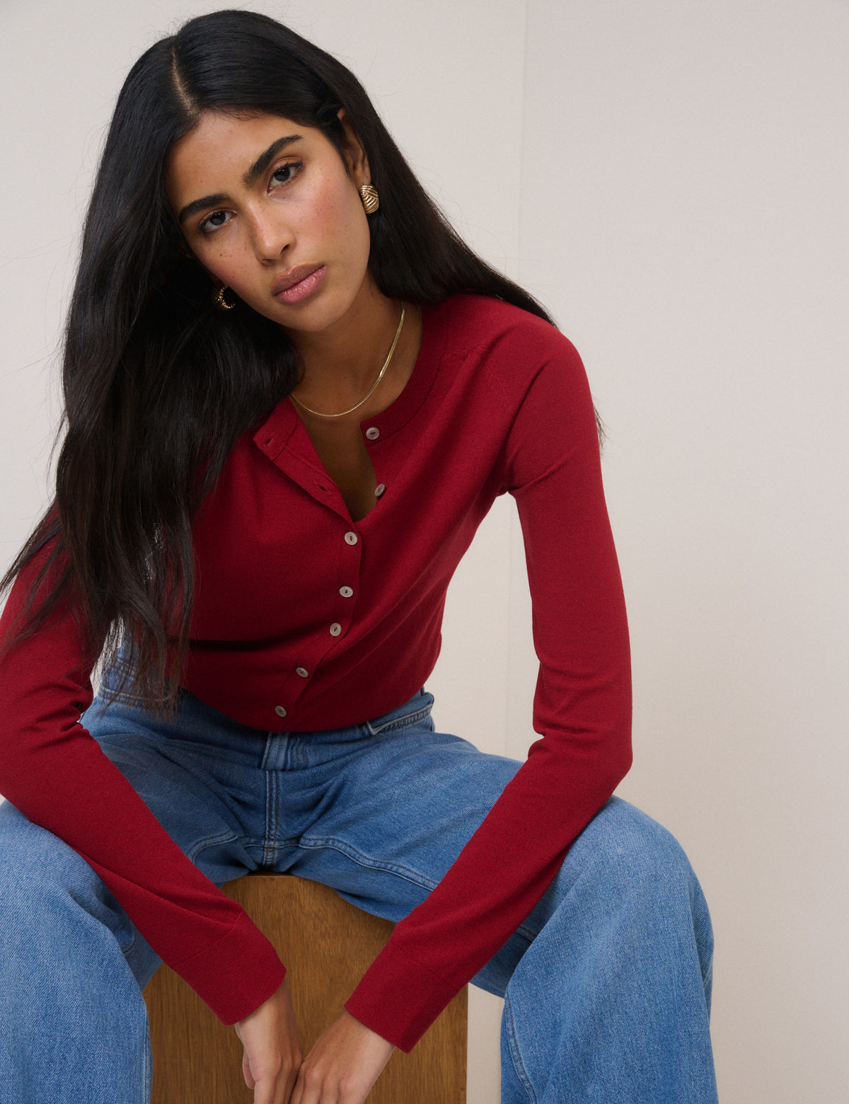 Red Crew Neck Cardigan