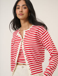 Red Striped Waisted Crew Neck Cardigan