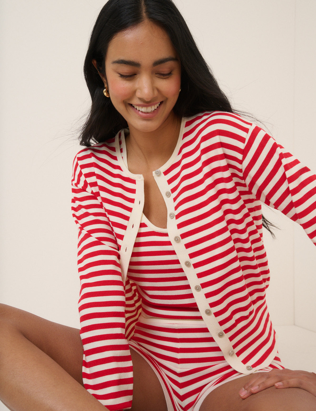 Red Striped Waisted Crew Neck Cardigan