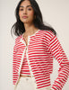 Red Striped Waisted Crew Neck Cardigan