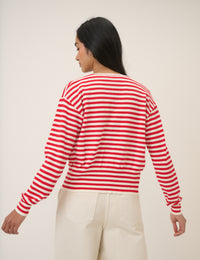 Red Striped Waisted Crew Neck Cardigan