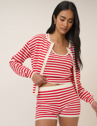 Red Striped Waisted Crew Neck Cardigan