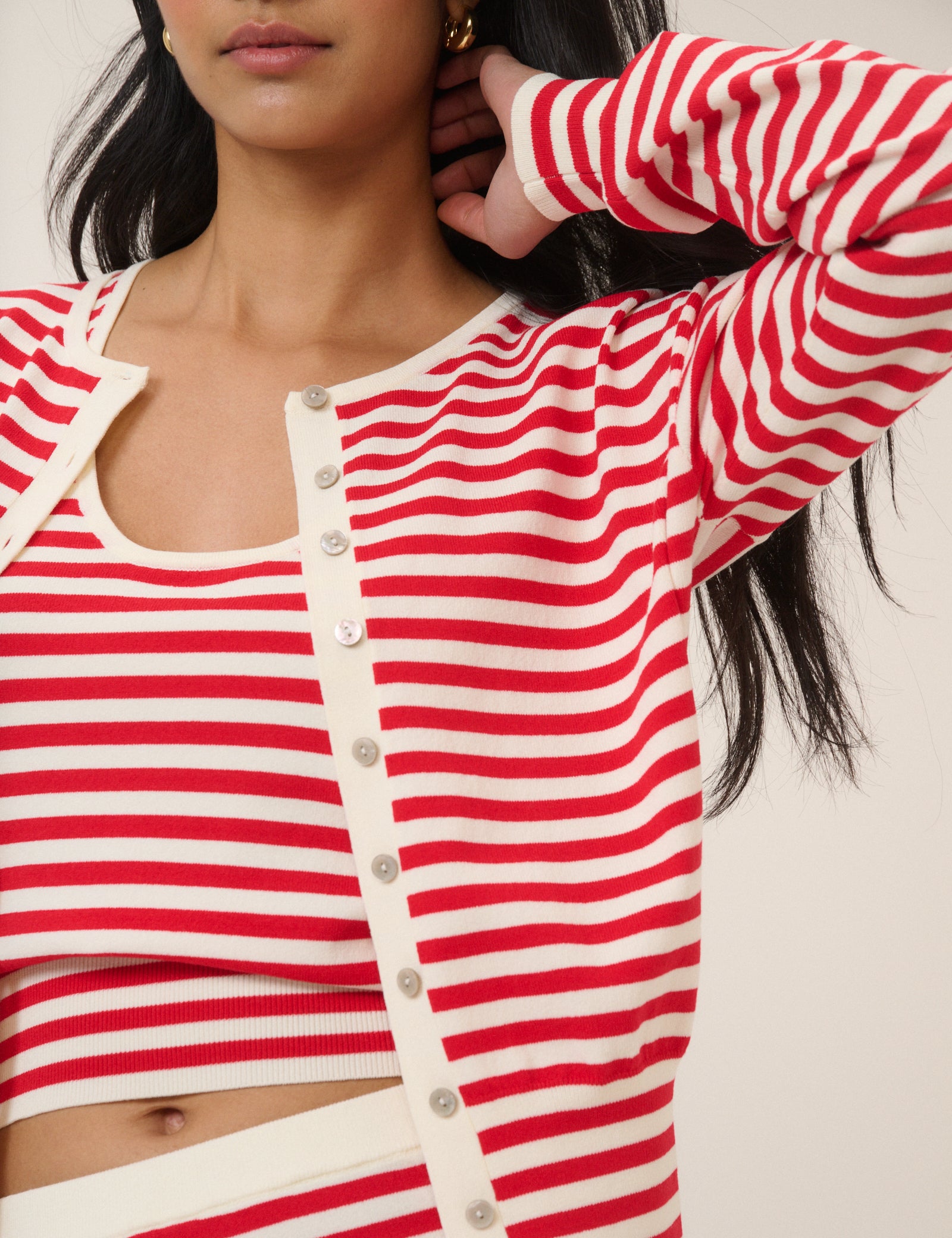 Red Striped Waisted Crew Neck Cardigan