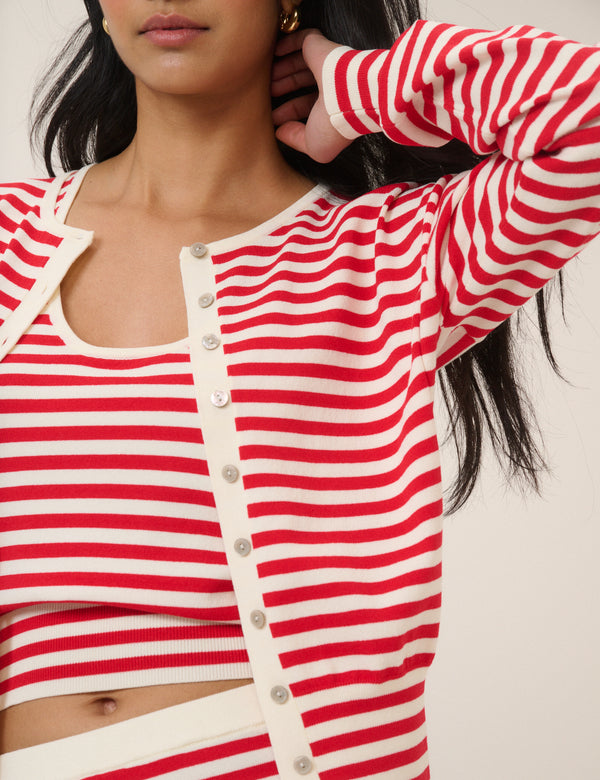 Red Striped Waisted Crew Neck Cardigan