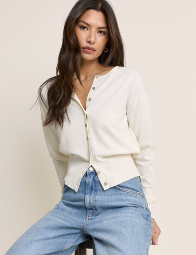 White Waisted Crew Neck Cardigan