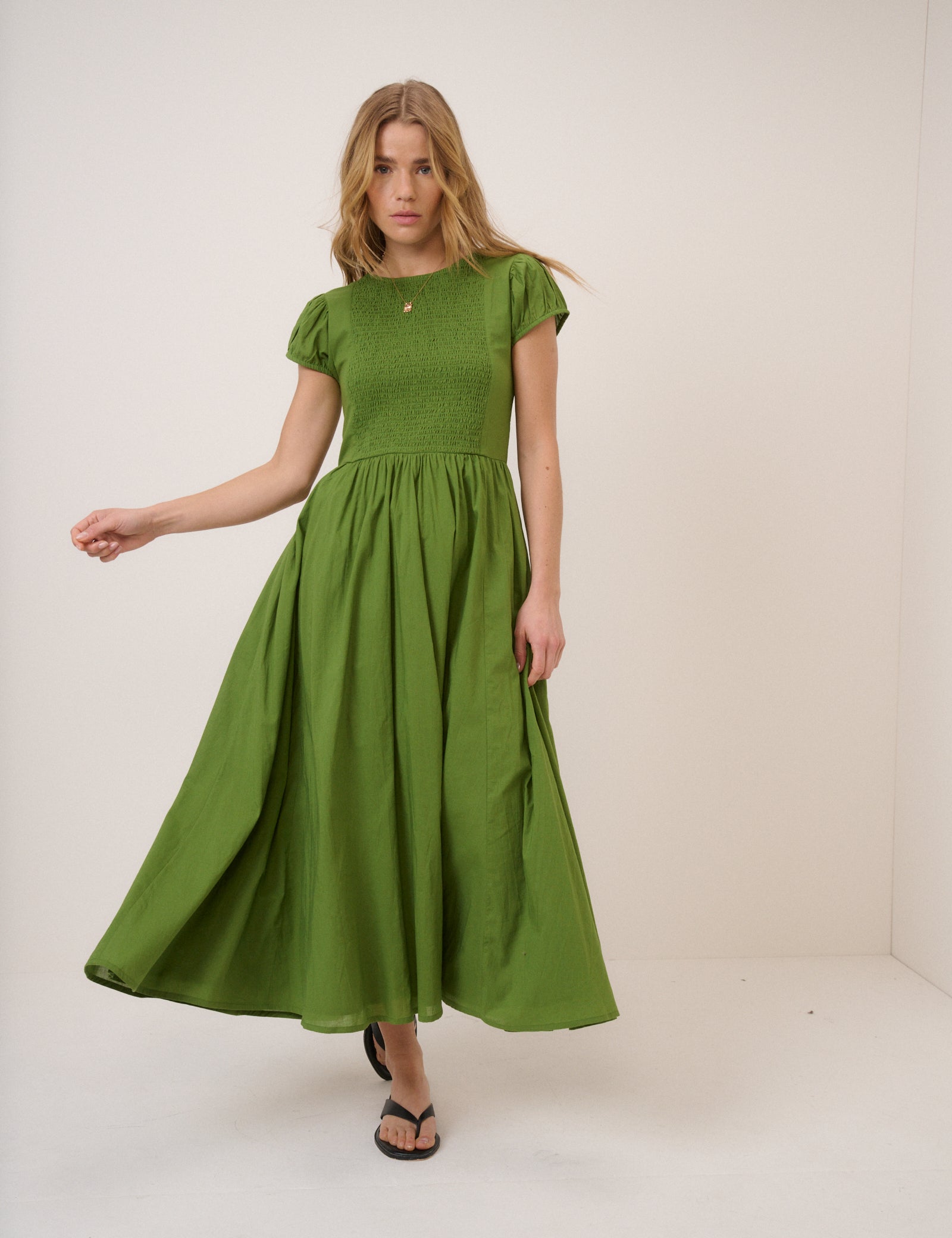 Green Puff Sleeve Allison Midi Dress