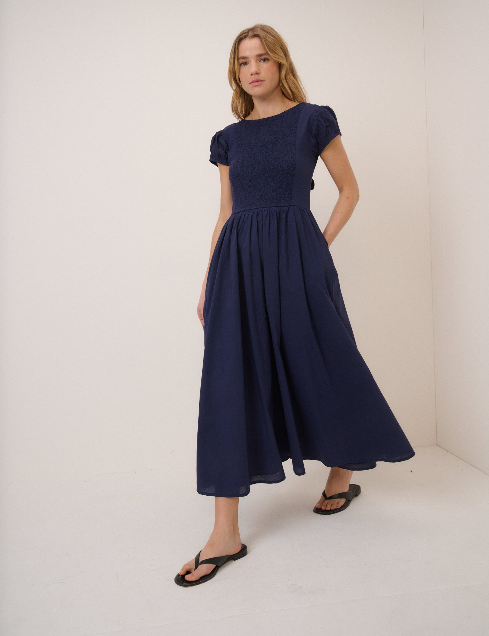 Navy Puff Sleeve Allison Midi Dress