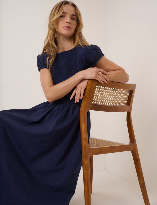 Navy Puff Sleeve Allison Midi Dress