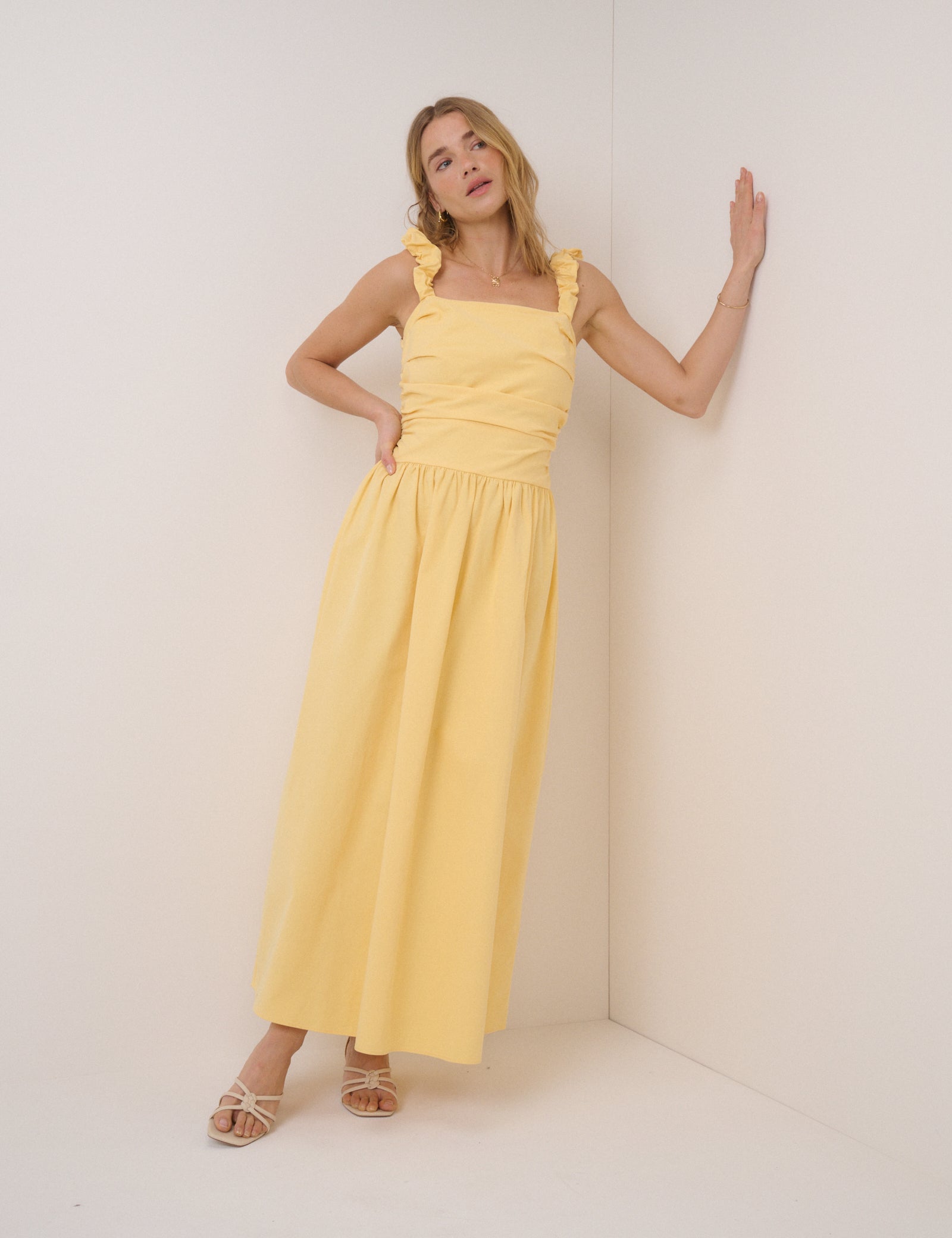 drop waist butter yellow dress butter yellow summer maxi dress Nellie Drop Waist Maxi Dress in Yellow