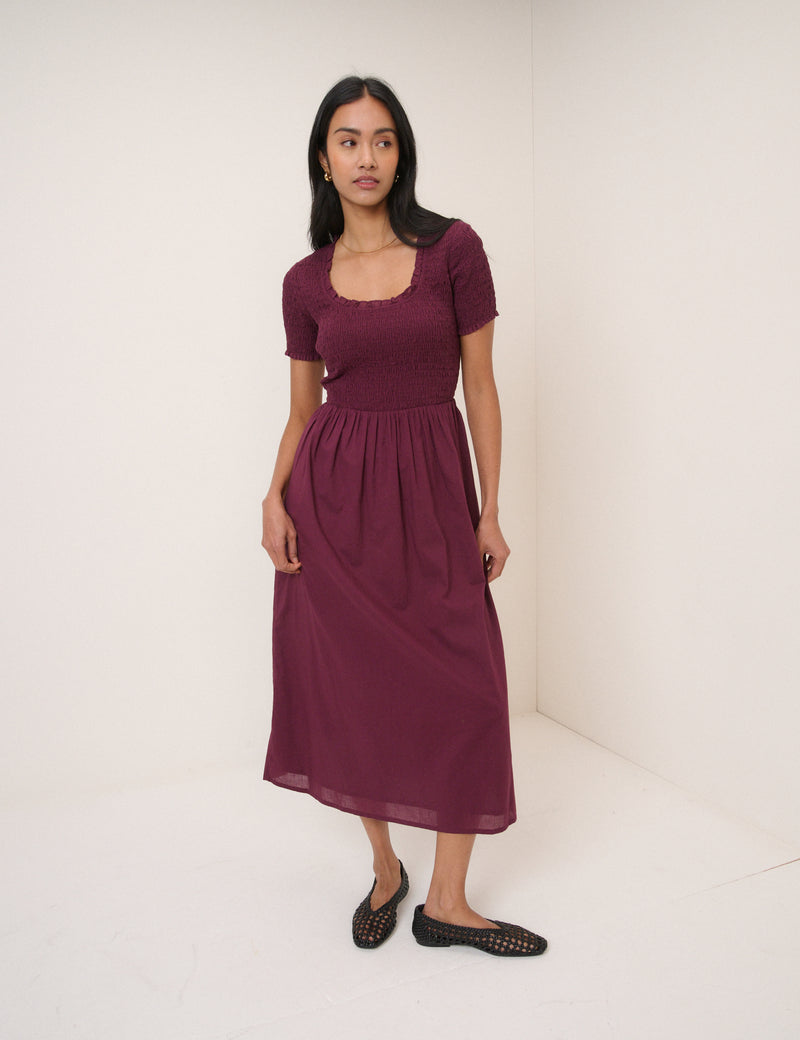 Burgundy Ruched Zita Midi Dress