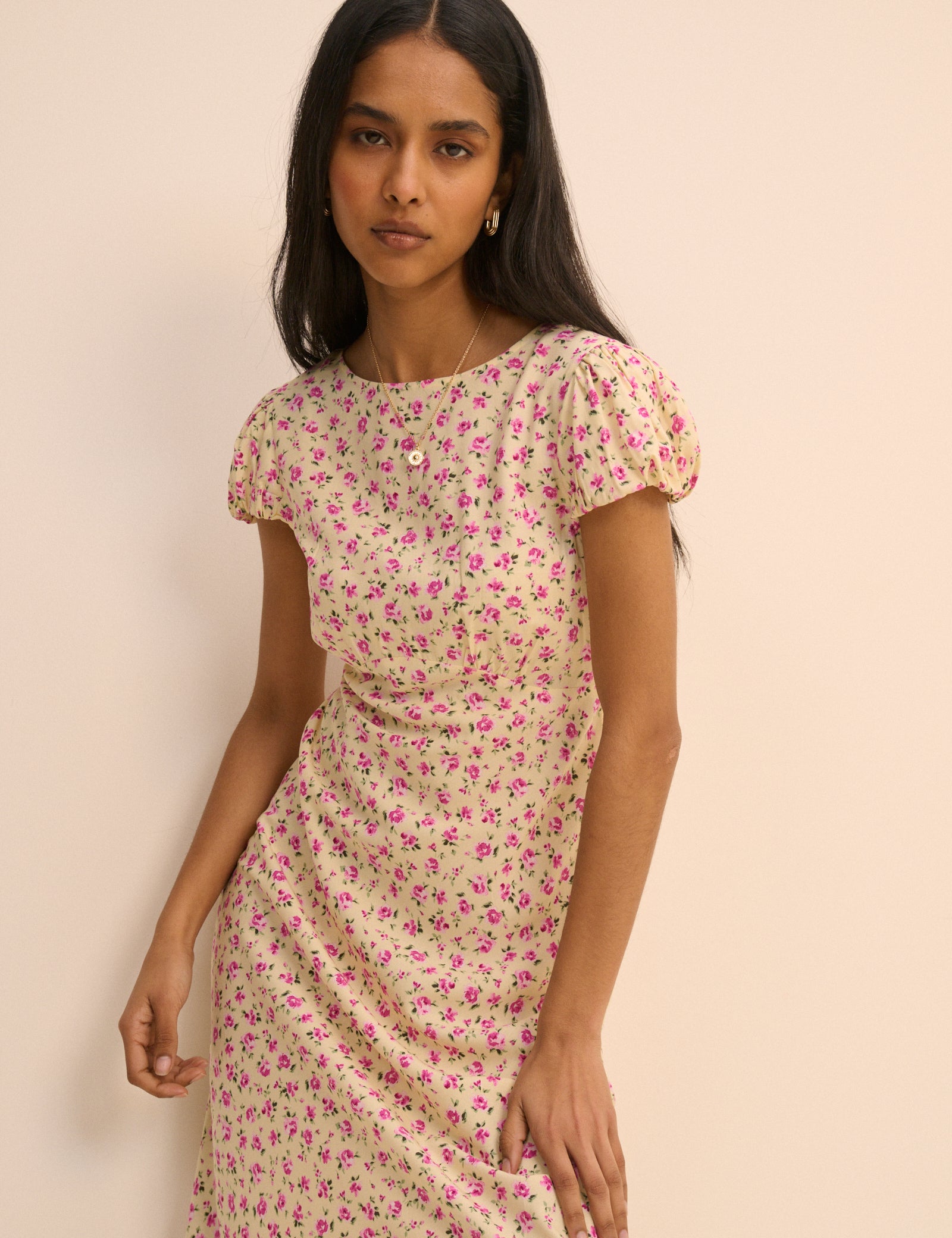 Cream and Pink Floral Willow Midi Dress