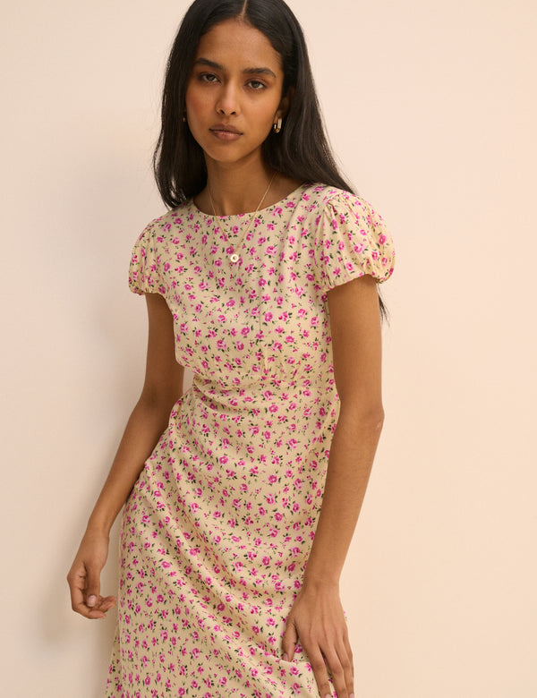 Cream and Pink Floral Willow Midi Dress