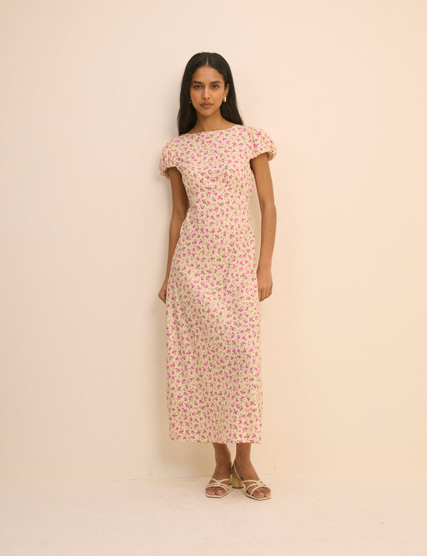 Cream and Pink Floral Willow Midi Dress