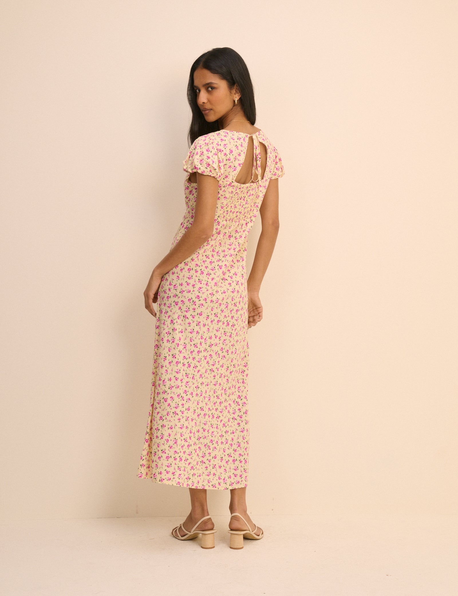 Cream and Pink Floral Willow Midi Dress