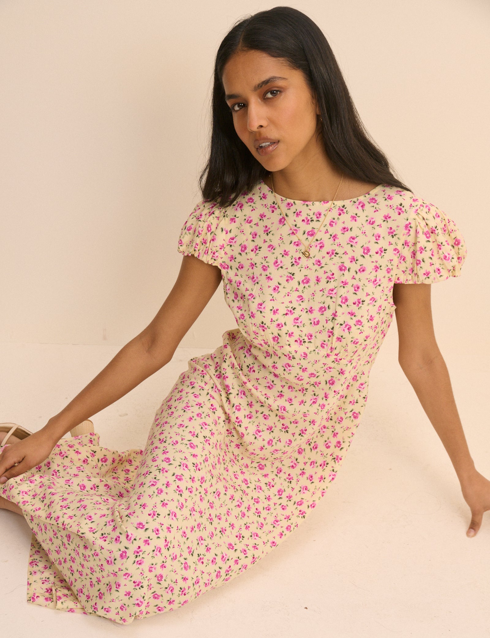 Cream and Pink Floral Willow Midi Dress