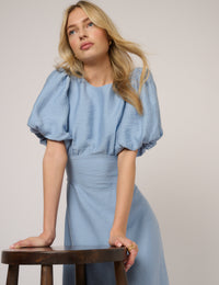 Blue Puff Sleeve Symran Midi Dress