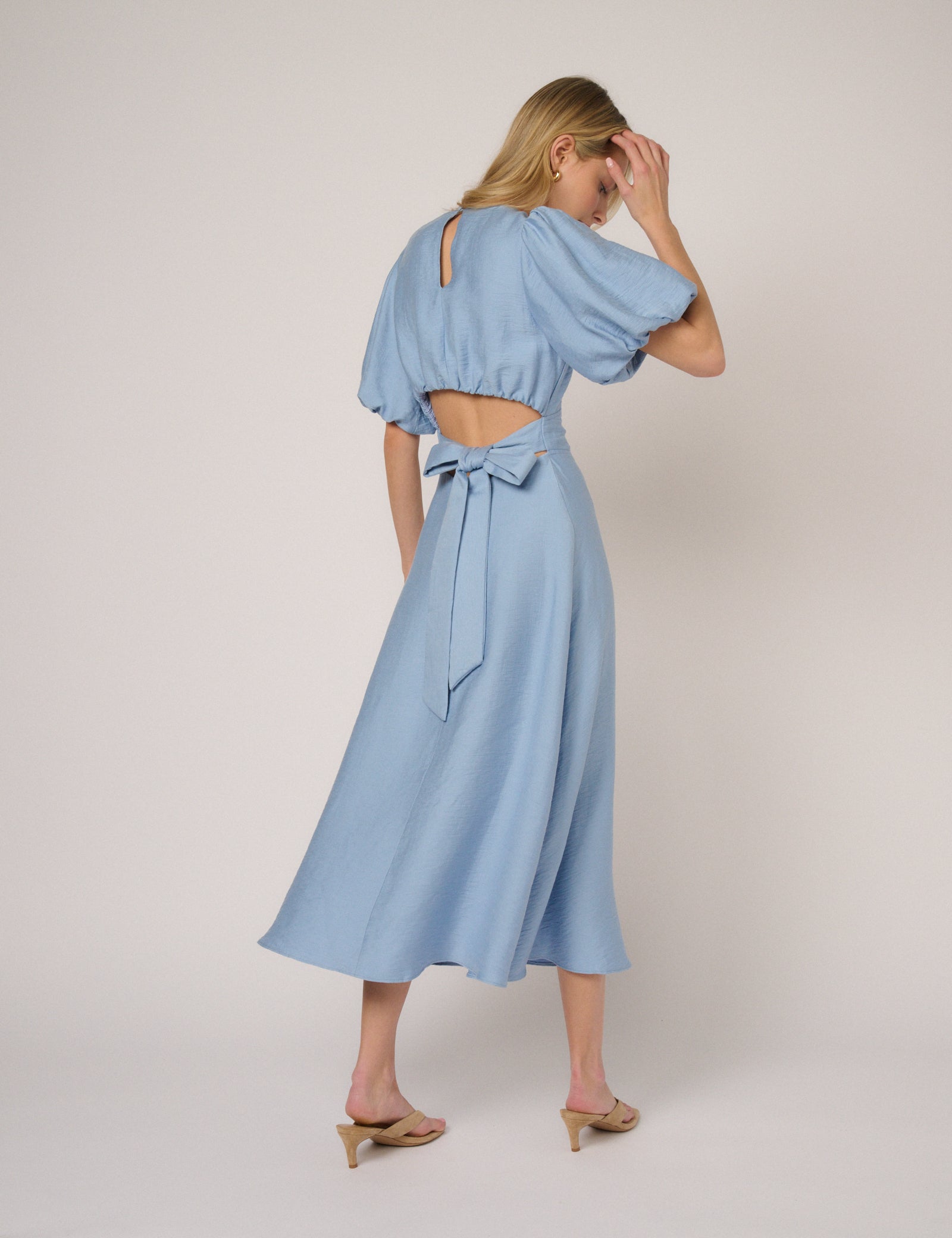 Blue Puff Sleeve Symran Midi Dress Blue Puff Sleeve Symran Midi Dress