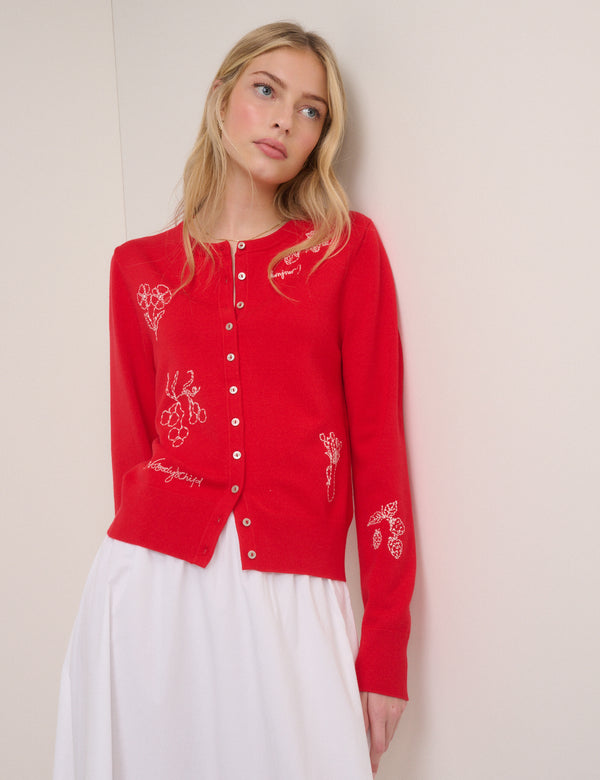 Red Embroidered Cardigan