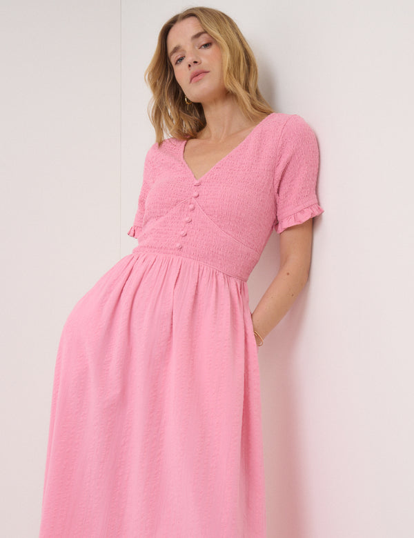 Pink Shirred V-Neck Eliza Midi Dress