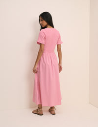Pink Shirred V-Neck Eliza Midi Dress