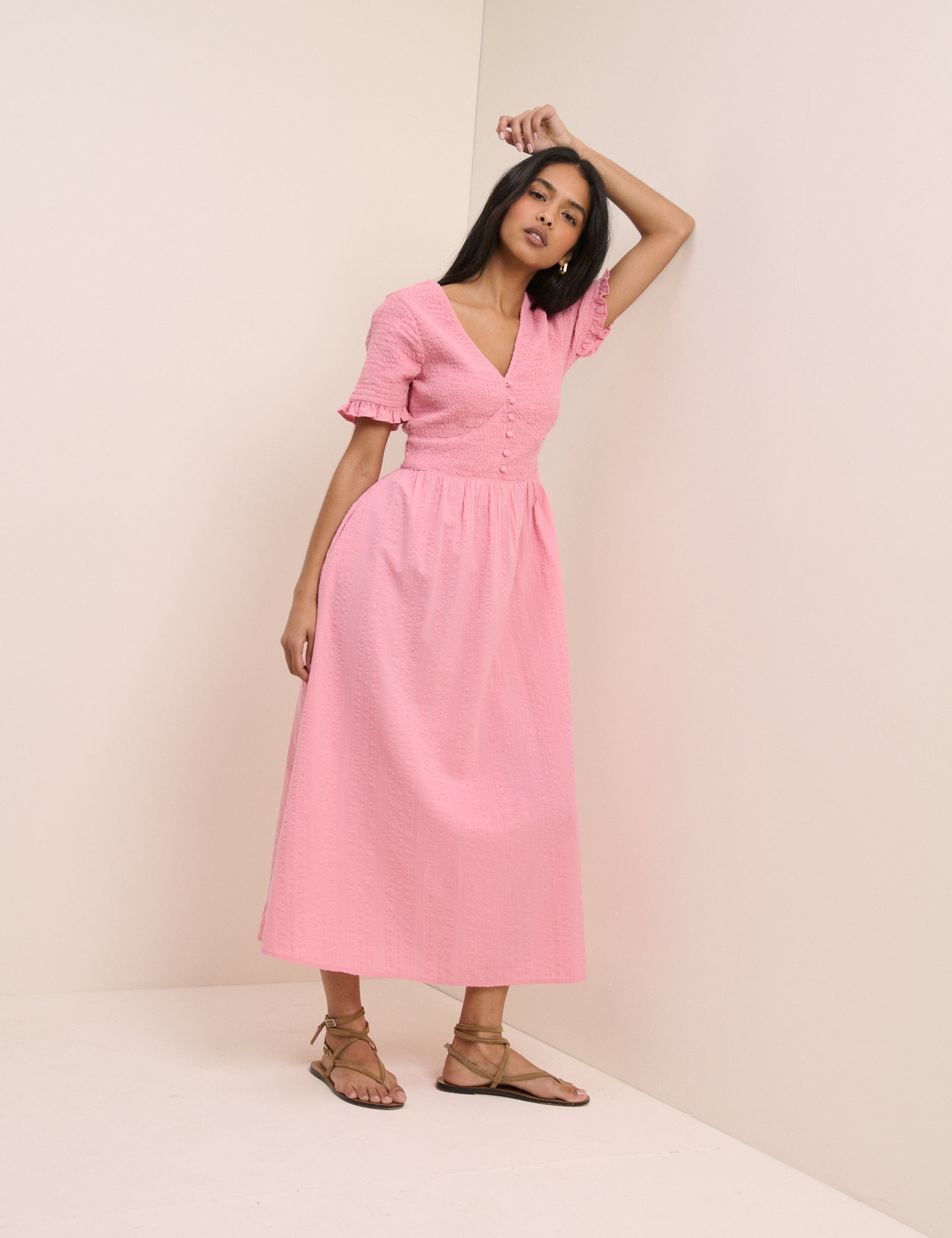 light pink midi dress Pink Shirred V-Neck Eliza Midi Dress