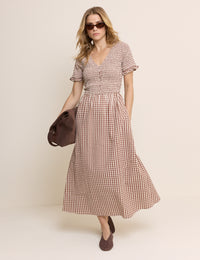 Brown Gingham Shirred Eliza Midi Dress