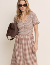 Brown Gingham Shirred Eliza Midi Dress