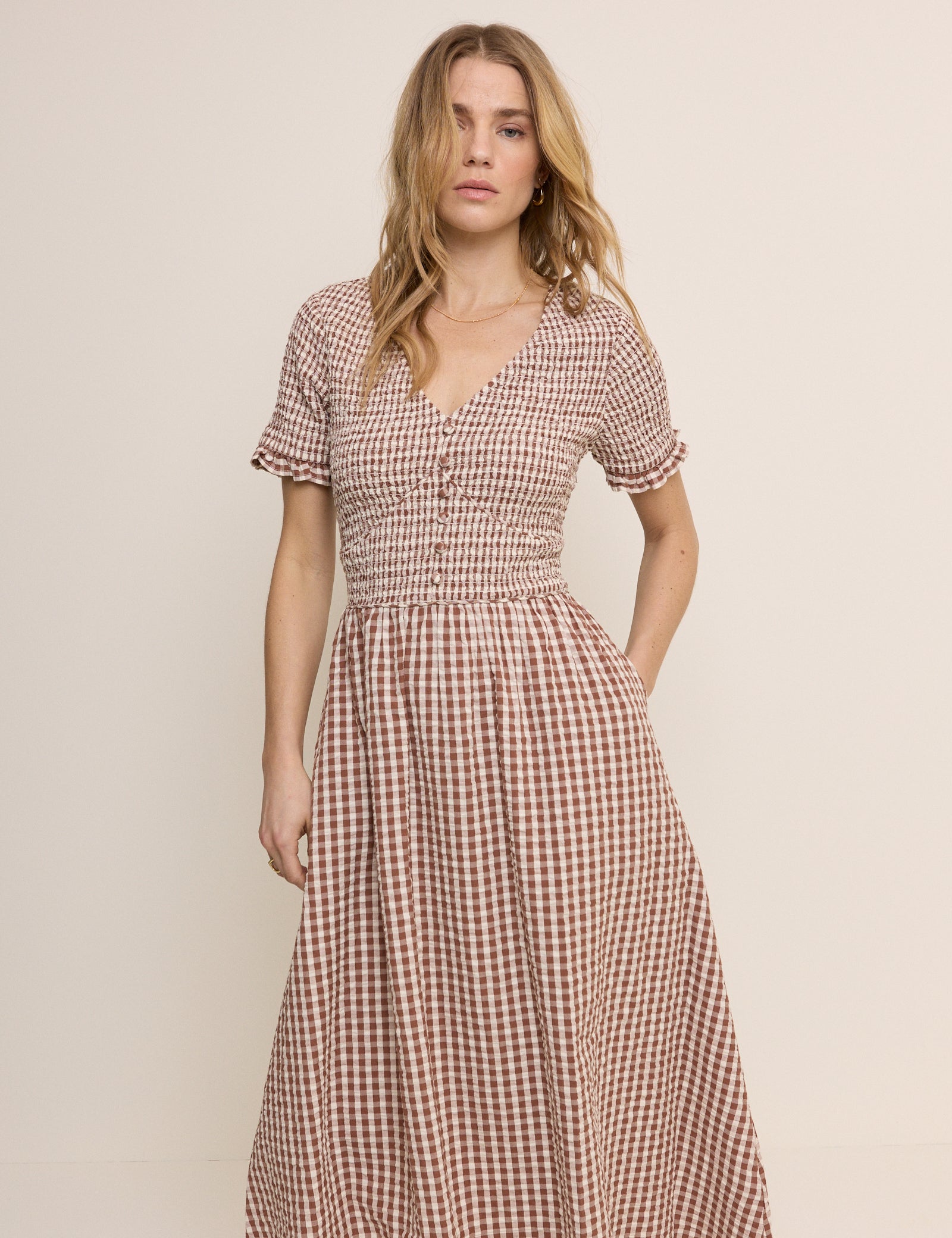 Brown Gingham Shirred Eliza Midi Dress