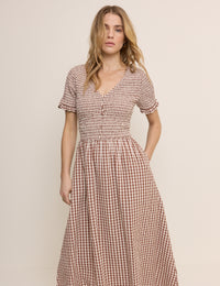 Brown Gingham Shirred Eliza Midi Dress