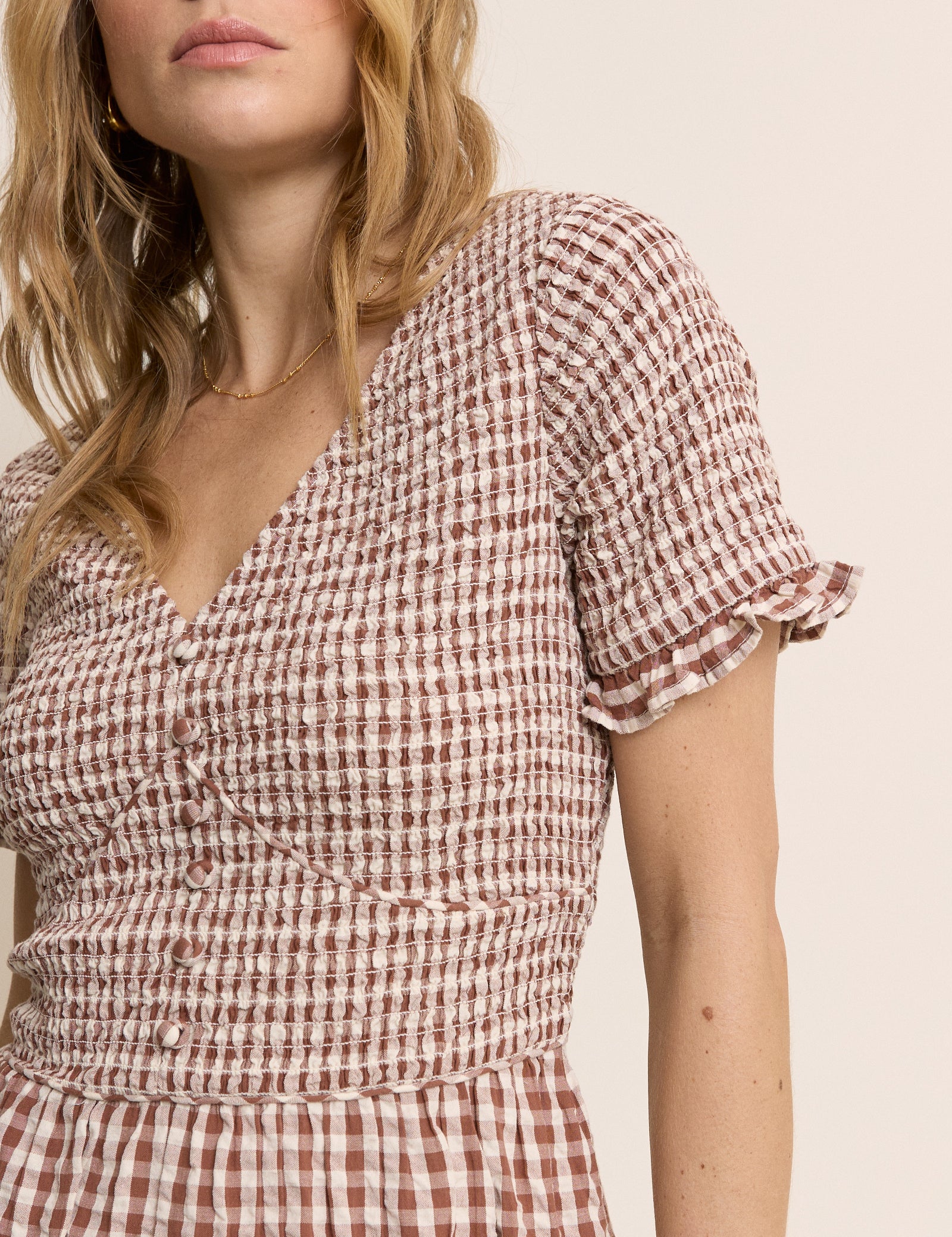 Brown Gingham Shirred Eliza Midi Dress