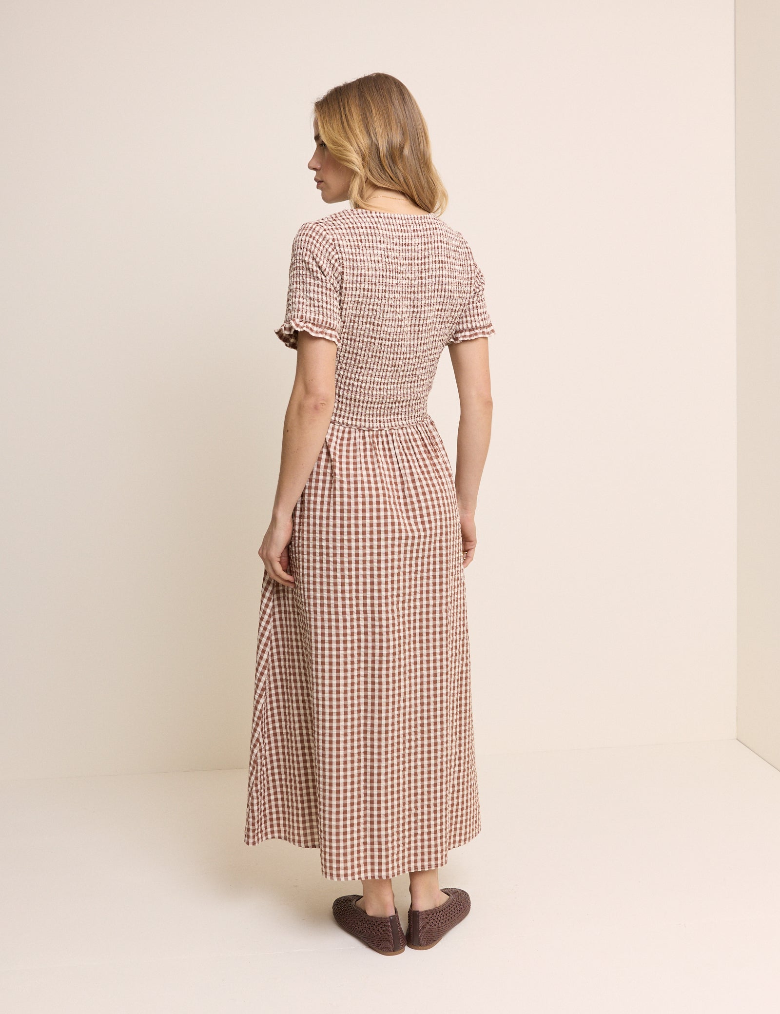 Brown Gingham Shirred Eliza Midi Dress