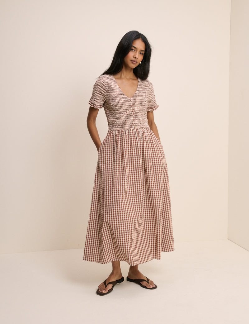 V-Neck Button Front Short Sleeve Eliza Midi Dress