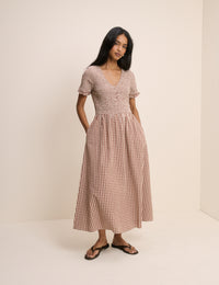 Brown Gingham Shirred Eliza Midi Dress