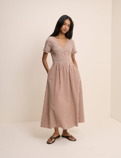 Brown Gingham Shirred Eliza Midi Dress