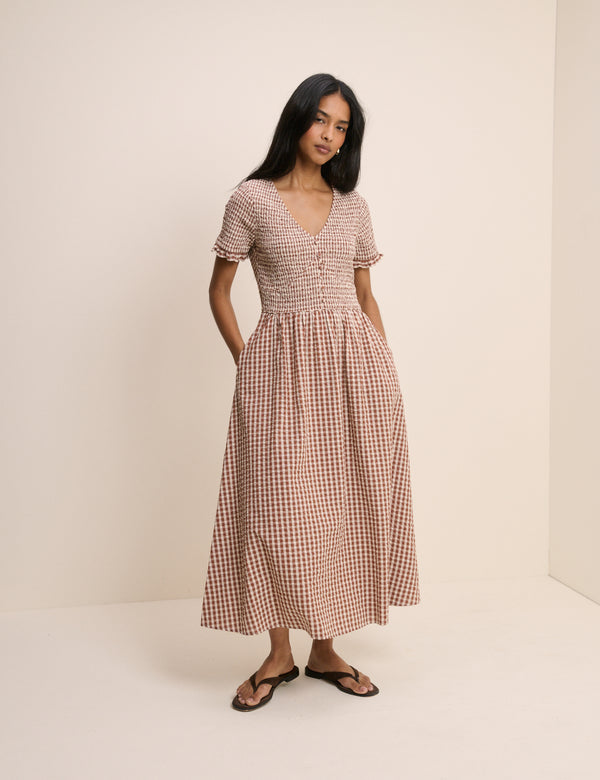 Brown Gingham Shirred Eliza Midi Dress