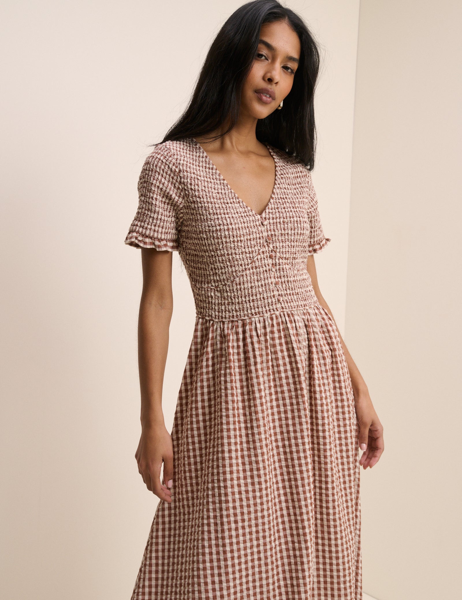 Brown Gingham Shirred Eliza Midi Dress Brown Gingham Shirred Eliza Midi Dress