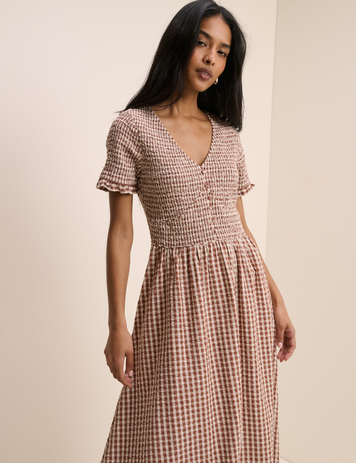 Brown Gingham Shirred Eliza Midi Dress