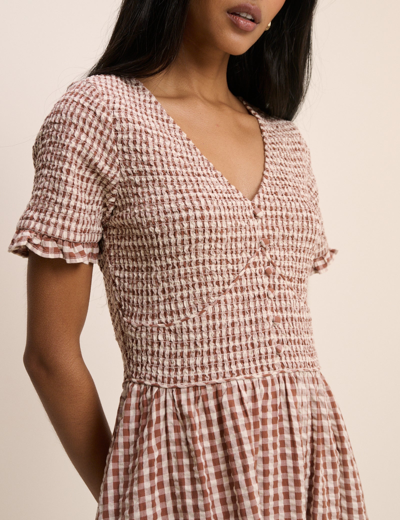 Brown Gingham Shirred Eliza Midi Dress Brown Gingham Shirred Eliza Midi Dress