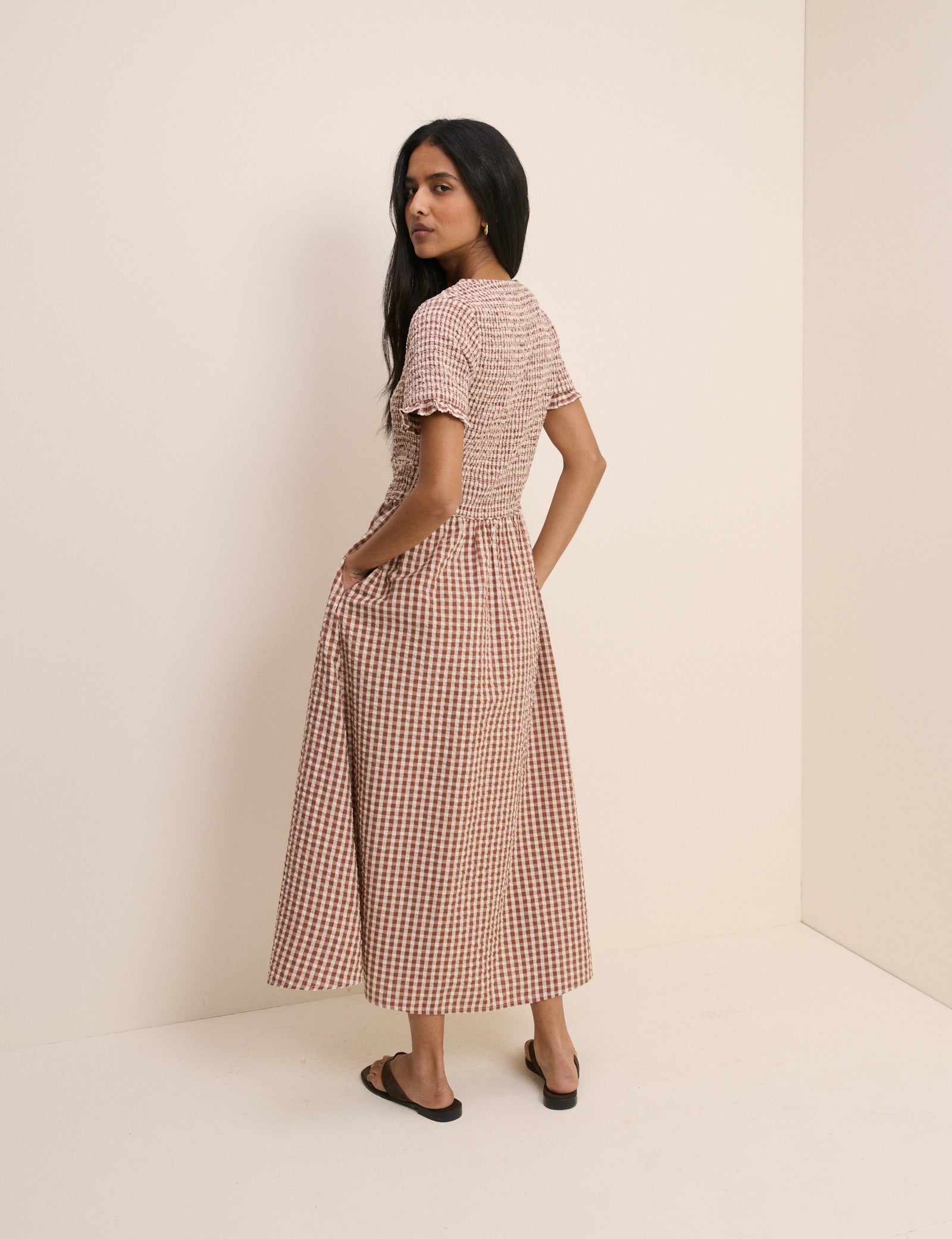 Brown Gingham Shirred Eliza Midi Dress Brown Gingham Shirred Eliza Midi Dress