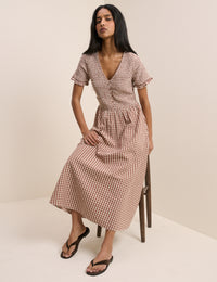 Brown Gingham Shirred Eliza Midi Dress
