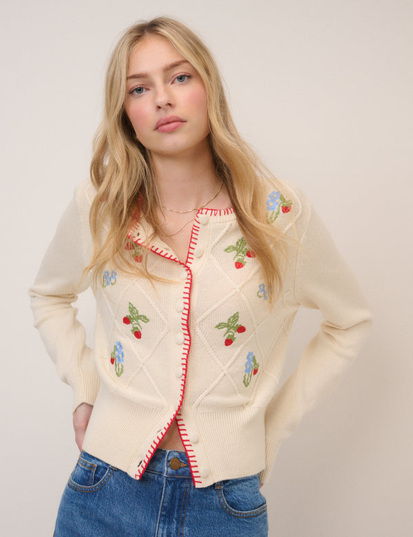 Cream Strawberry Embroidered Cardigan
