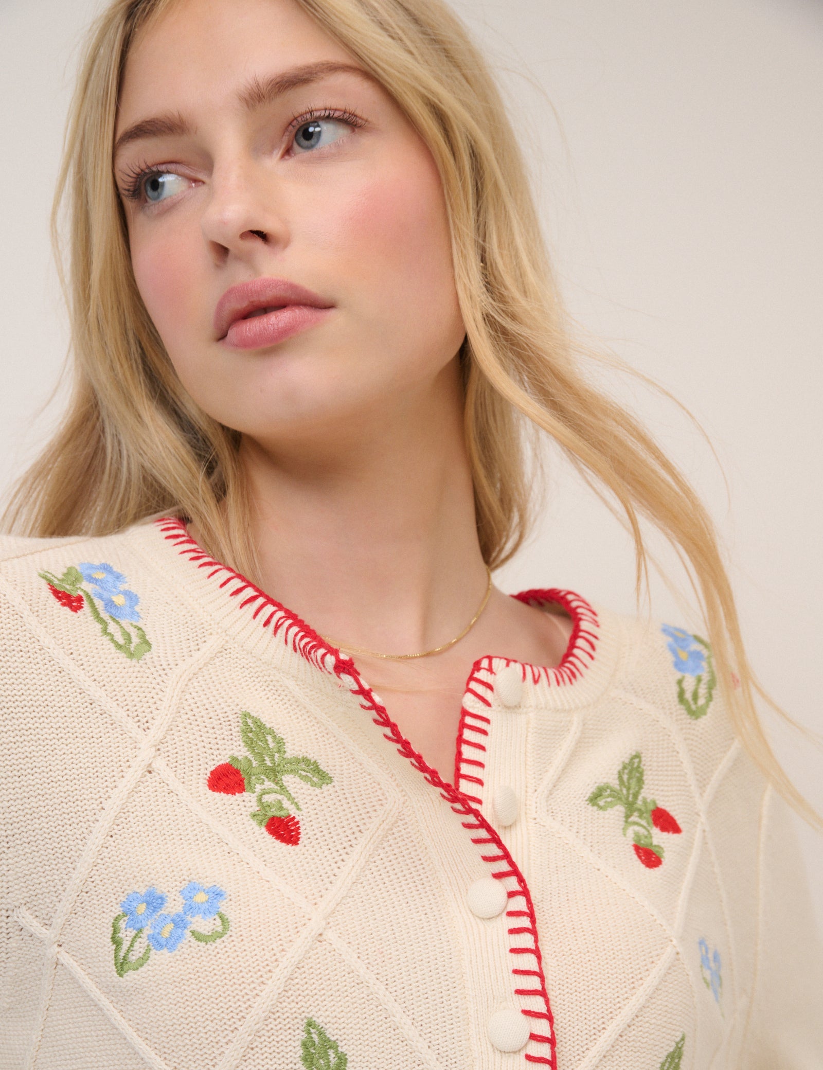 Cream Strawberry Embroidered Cardigan