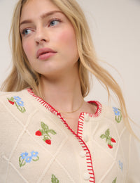 Cream Strawberry Embroidered Cardigan