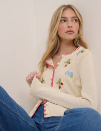 Cream Strawberry Embroidered Cardigan