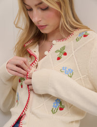 Cream Strawberry Embroidered Cardigan