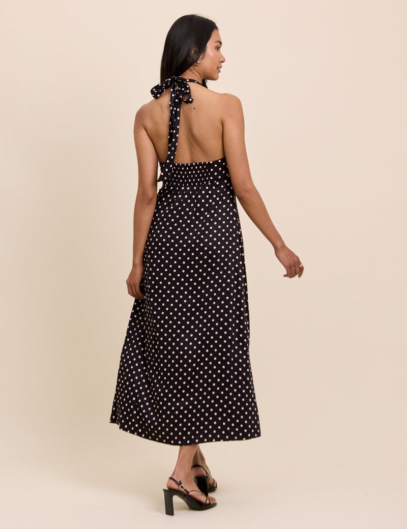 Black Polka Dot Halterneck Lynette Midi Dress