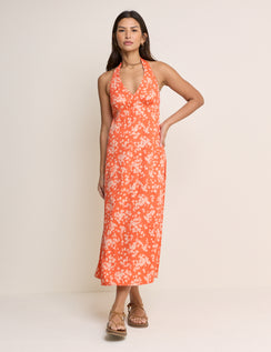 Orange Floral Halterneck Lynette Midi Dress